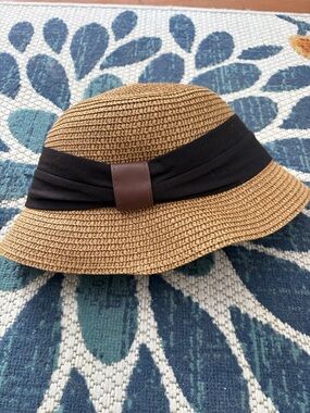 Target Tan Straw Cloche Hat with Black Band and Brown Leather Accent